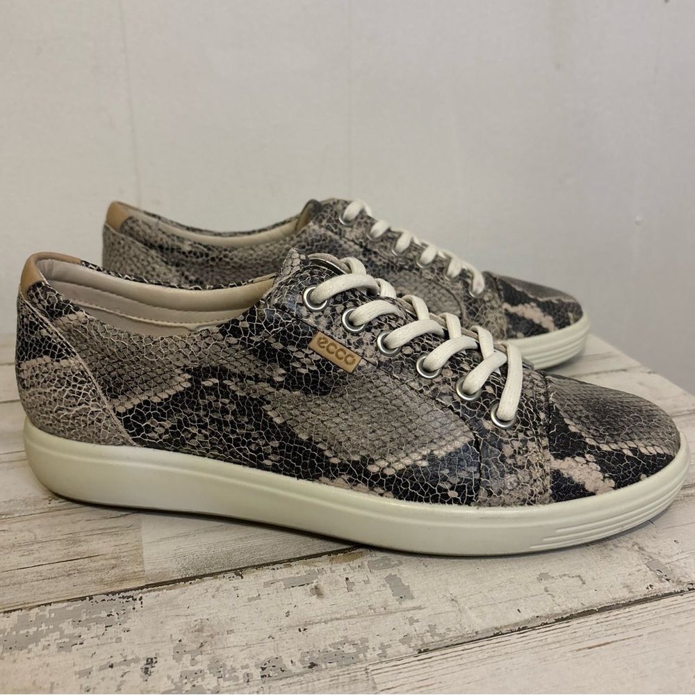 Ecco Soft 7 Leather Snake Print Comfort Sneaker Gray/Cream Size 39 (US 8-8.5)